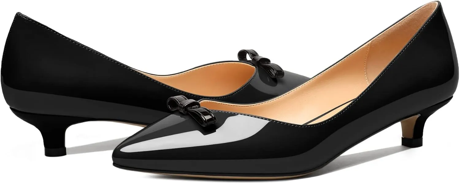 AUMOTED Womens Kitten Heel Pumps Solid Bow Tie Low Heeled Patent Pointed Toe Pumps Slip-on Casual Comfortable Ladies Office Dress Shoes 1.4 Inches