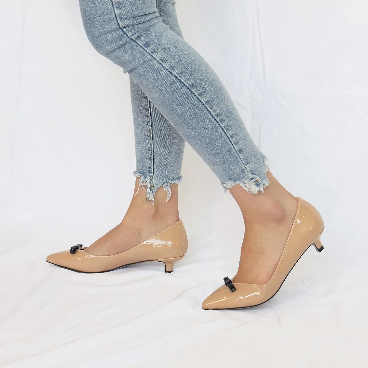 AUMOTED Womens Kitten Heel Pumps Solid Bow Tie Low Heeled Patent Pointed Toe Pumps Slip-on Casual Comfortable Ladies Office Dress Shoes 1.4 Inches