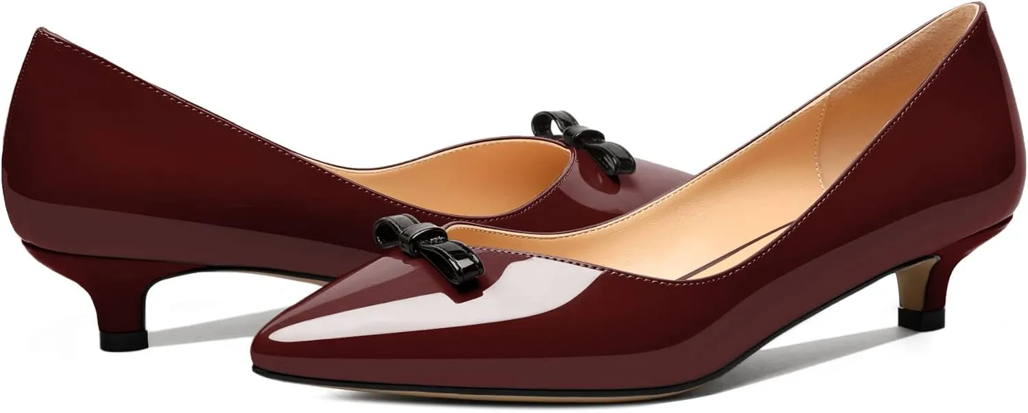 AUMOTED Womens Kitten Heel Pumps Solid Bow Tie Low Heeled Patent Pointed Toe Pumps Slip-on Casual Comfortable Ladies Office Dress Shoes 1.4 Inches