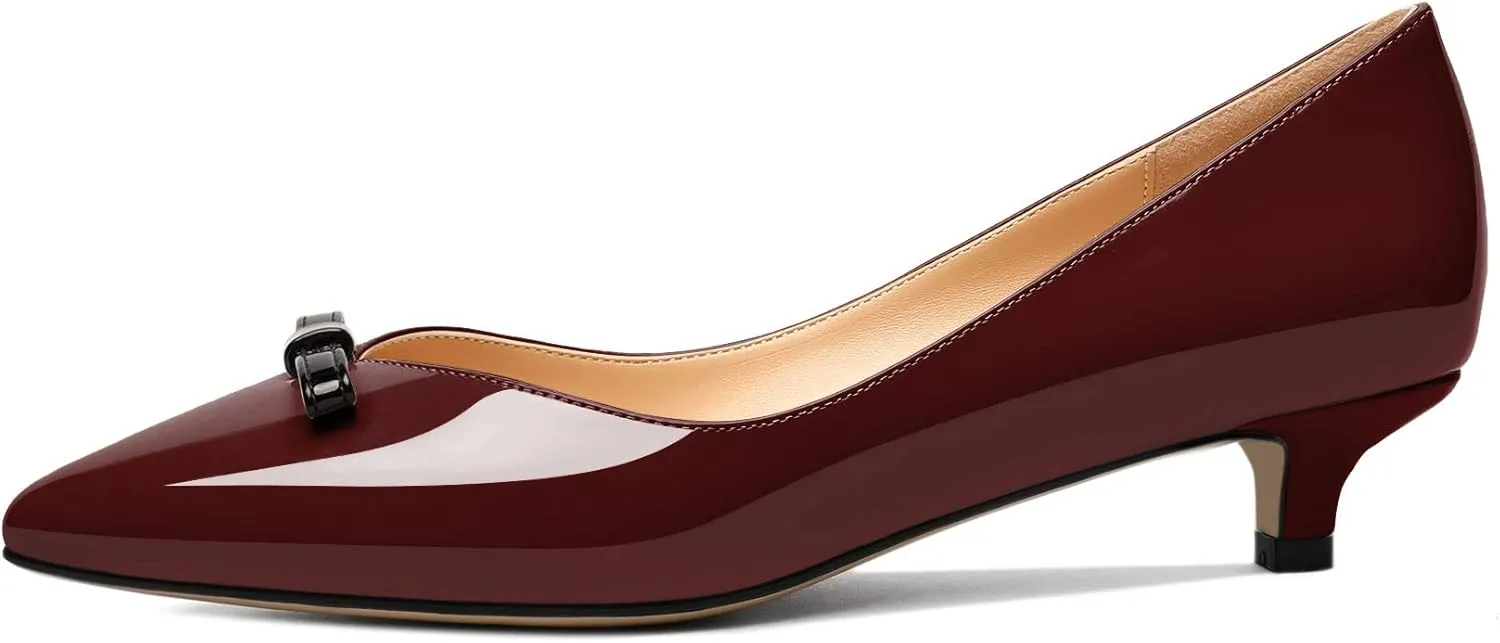 AUMOTED Womens Kitten Heel Pumps Solid Bow Tie Low Heeled Patent Pointed Toe Pumps Slip-on Casual Comfortable Ladies Office Dress Shoes 1.4 Inches