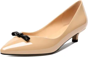 AUMOTED Womens Kitten Heel Pumps Solid Bow Tie Low Heeled Patent Pointed Toe Pumps Slip-on Casual Comfortable Ladies Office Dress Shoes 1.4 Inches