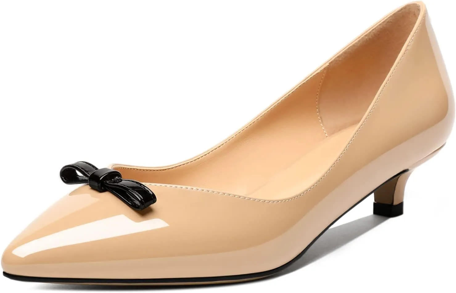 AUMOTED Womens Kitten Heel Pumps Solid Bow Tie Low Heeled Patent Pointed Toe Pumps Slip-on Casual Comfortable Ladies Office Dress Shoes 1.4 Inches