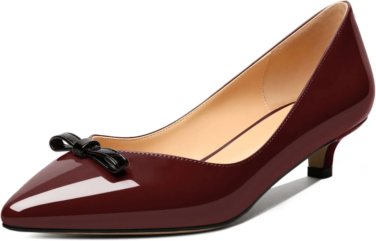 AUMOTED Womens Kitten Heel Pumps Solid Bow Tie Low Heeled Patent Pointed Toe Pumps Slip-on Casual Comfortable Ladies Office Dress Shoes 1.4 Inches