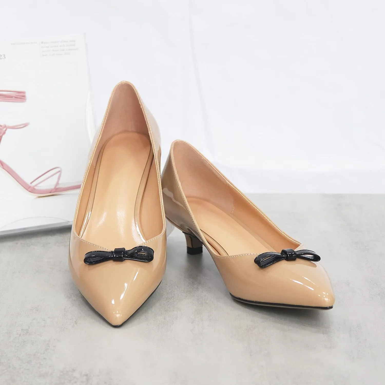 AUMOTED Womens Kitten Heel Pumps Solid Bow Tie Low Heeled Patent Pointed Toe Pumps Slip-on Casual Comfortable Ladies Office Dress Shoes 1.4 Inches