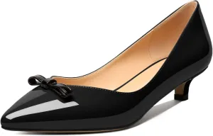 AUMOTED Womens Kitten Heel Pumps Solid Bow Tie Low Heeled Patent Pointed Toe Pumps Slip-on Casual Comfortable Ladies Office Dress Shoes 1.4 Inches