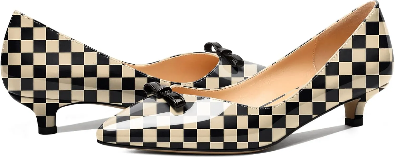 AUMOTED Womens Kitten Heel Pumps Solid Bow Tie Low Heeled Patent Pointed Toe Pumps Slip-on Casual Comfortable Ladies Office Dress Shoes 1.4 Inches