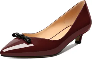 AUMOTED Womens Kitten Heel Pumps Solid Bow Tie Low Heeled Patent Pointed Toe Pumps Slip-on Casual Comfortable Ladies Office Dress Shoes 1.4 Inches