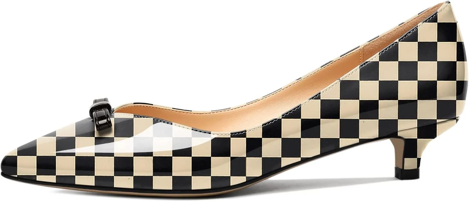 AUMOTED Womens Kitten Heel Pumps Solid Bow Tie Low Heeled Patent Pointed Toe Pumps Slip-on Casual Comfortable Ladies Office Dress Shoes 1.4 Inches