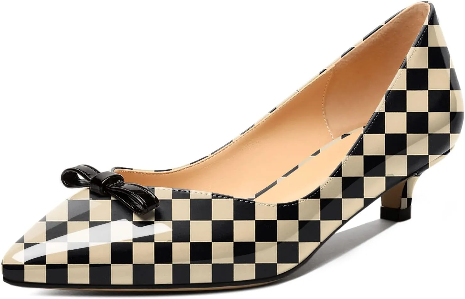AUMOTED Womens Kitten Heel Pumps Solid Bow Tie Low Heeled Patent Pointed Toe Pumps Slip-on Casual Comfortable Ladies Office Dress Shoes 1.4 Inches