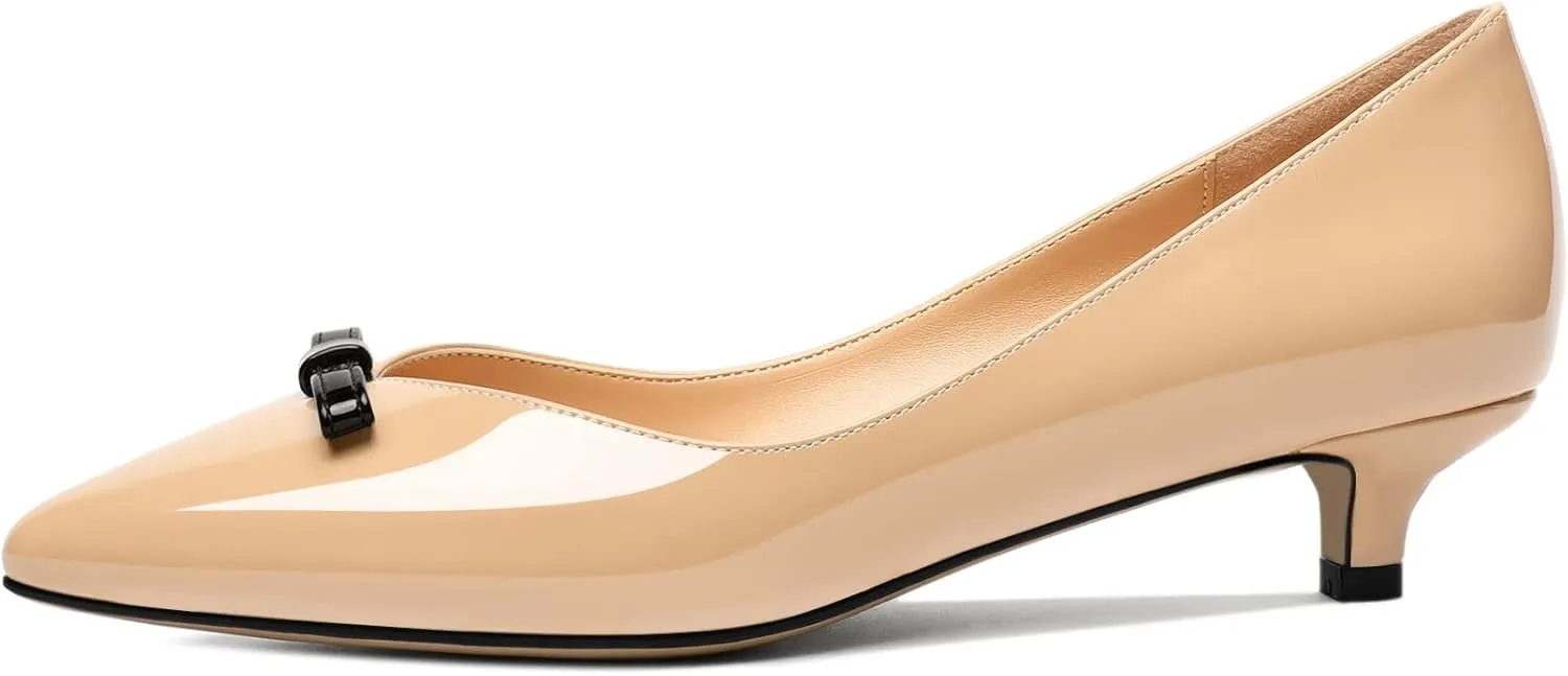 AUMOTED Womens Kitten Heel Pumps Solid Bow Tie Low Heeled Patent Pointed Toe Pumps Slip-on Casual Comfortable Ladies Office Dress Shoes 1.4 Inches