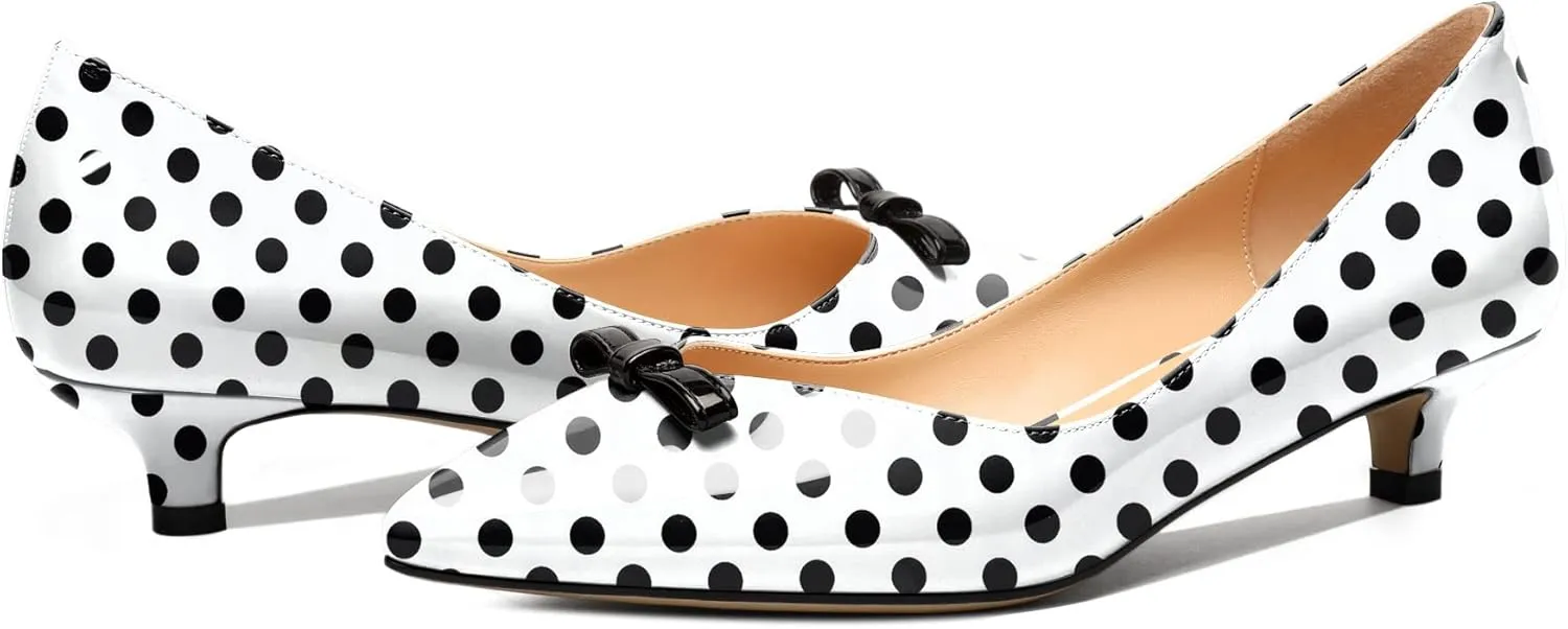 AUMOTED Womens Kitten Heel Pumps Solid Bow Tie Low Heeled Patent Pointed Toe Pumps Slip-on Casual Comfortable Ladies Office Dress Shoes 1.4 Inches