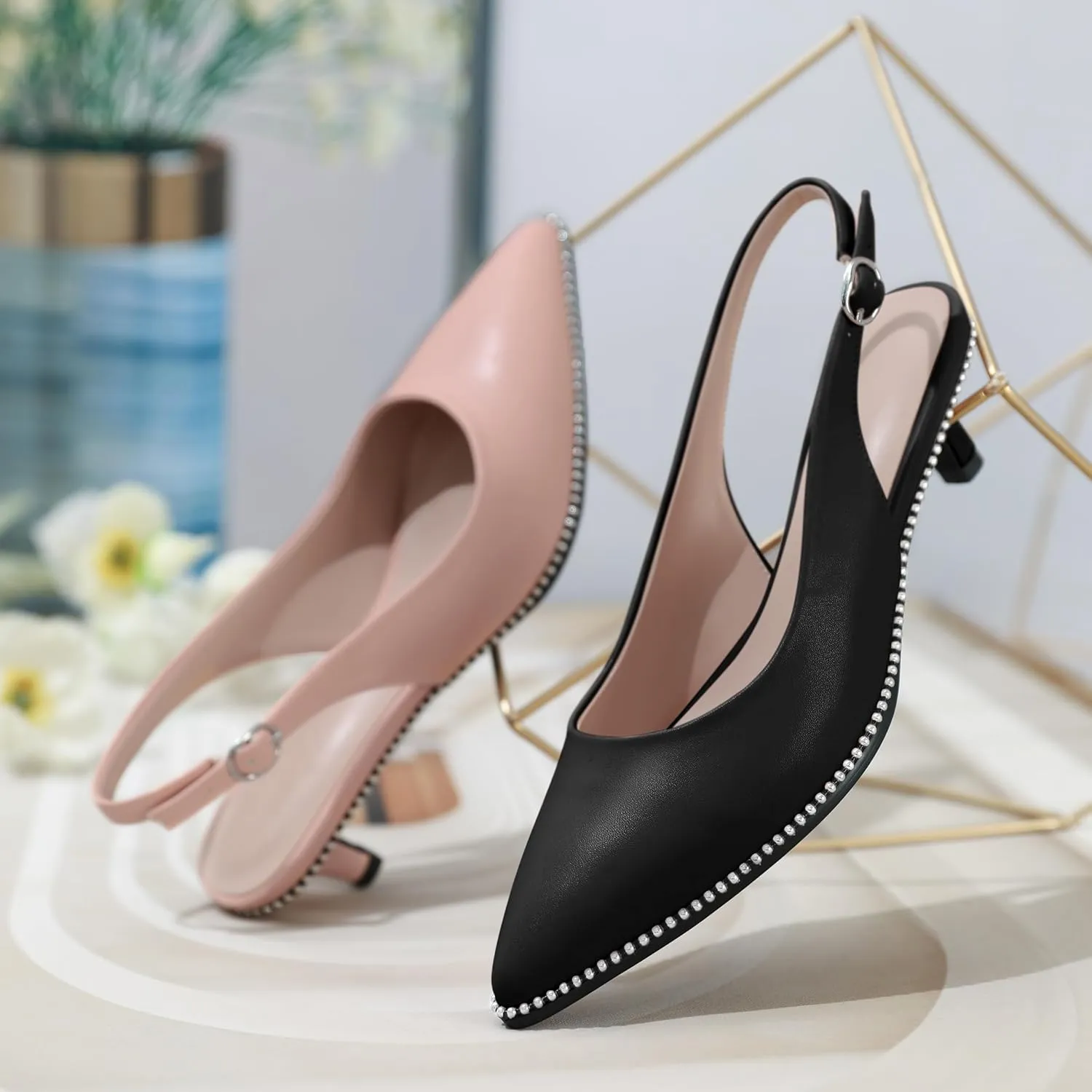 AUMOTED Women's Slingback Kitten Heels Pointed Toe Stiletto Low Heel Ankle-Strap with Beaded Pumps Dress Shoes 1.6 Inches