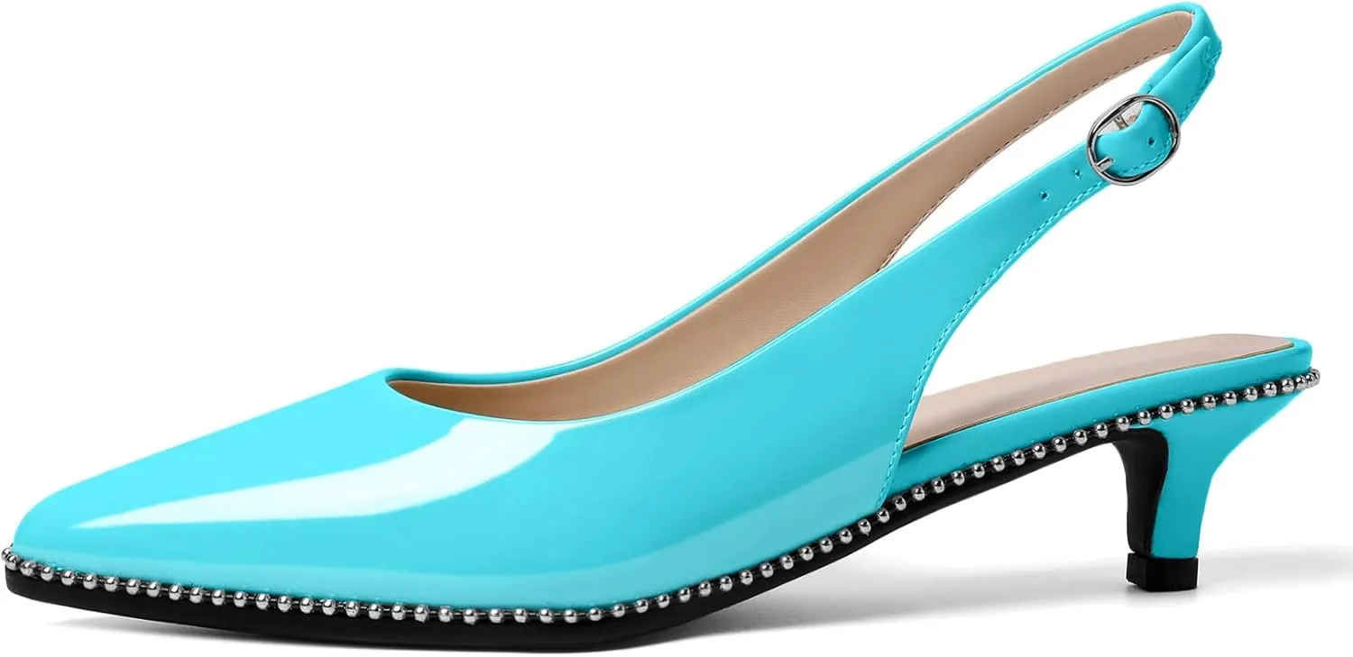 AUMOTED Women's Slingback Kitten Heels Pointed Toe Stiletto Low Heel Ankle-Strap with Beaded Pumps Dress Shoes 1.6 Inches