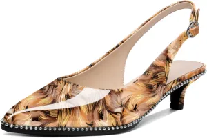 AUMOTED Women's Slingback Kitten Heels Pointed Toe Stiletto Low Heel Ankle-Strap with Beaded Pumps Dress Shoes 1.6 Inches