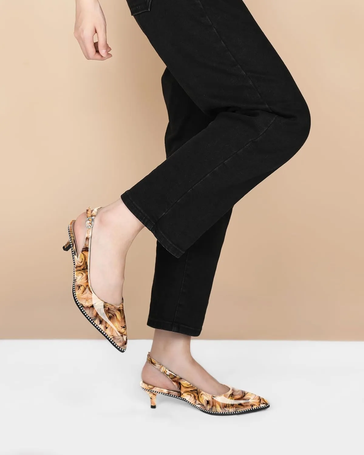 AUMOTED Women's Slingback Kitten Heels Pointed Toe Stiletto Low Heel Ankle-Strap with Beaded Pumps Dress Shoes 1.6 Inches