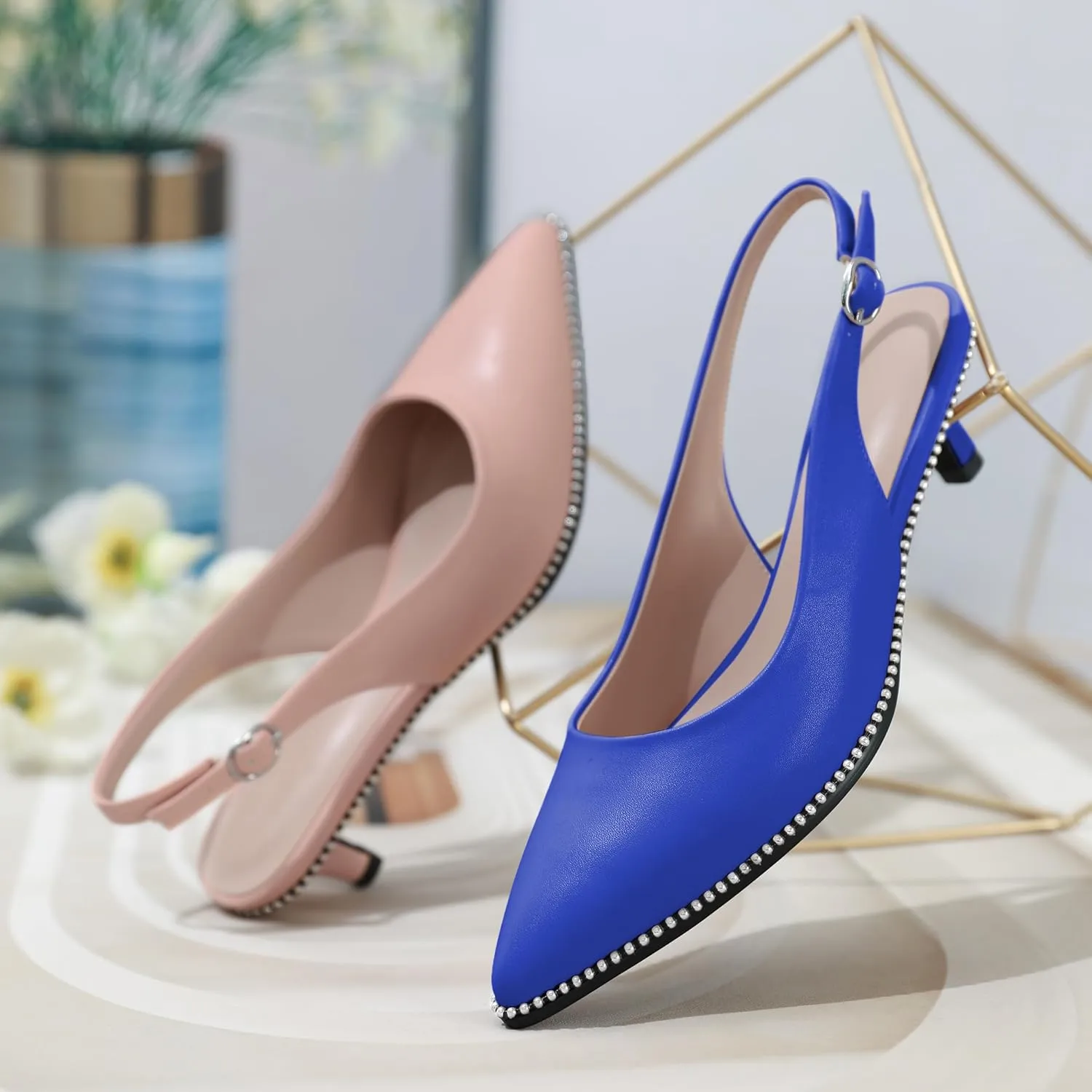 AUMOTED Women's Slingback Kitten Heels Pointed Toe Stiletto Low Heel Ankle-Strap with Beaded Pumps Dress Shoes 1.6 Inches