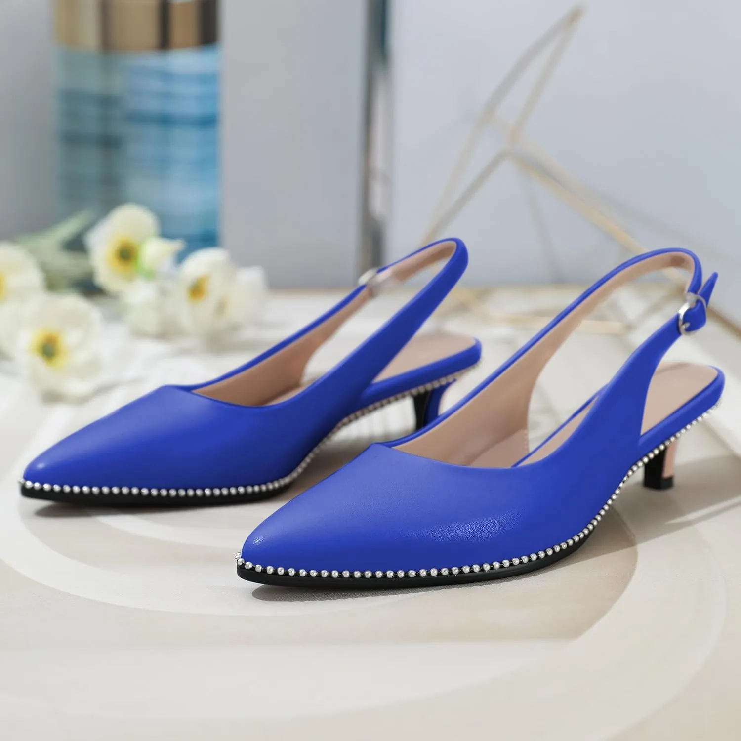 AUMOTED Women's Slingback Kitten Heels Pointed Toe Stiletto Low Heel Ankle-Strap with Beaded Pumps Dress Shoes 1.6 Inches