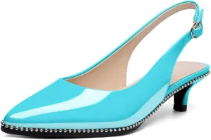 AUMOTED Women's Slingback Kitten Heels Pointed Toe Stiletto Low Heel Ankle-Strap with Beaded Pumps Dress Shoes 1.6 Inches