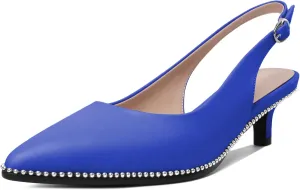AUMOTED Women's Slingback Kitten Heels Pointed Toe Stiletto Low Heel Ankle-Strap with Beaded Pumps Dress Shoes 1.6 Inches