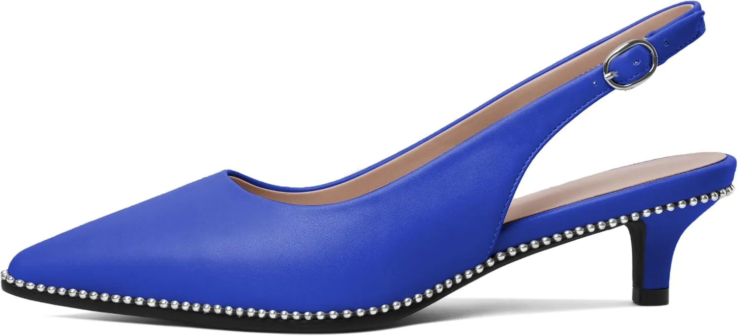 AUMOTED Women's Slingback Kitten Heels Pointed Toe Stiletto Low Heel Ankle-Strap with Beaded Pumps Dress Shoes 1.6 Inches