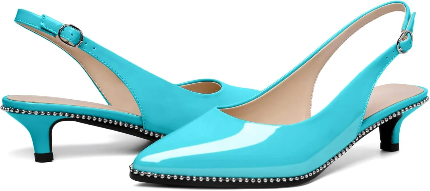 AUMOTED Women's Slingback Kitten Heels Pointed Toe Stiletto Low Heel Ankle-Strap with Beaded Pumps Dress Shoes 1.6 Inches
