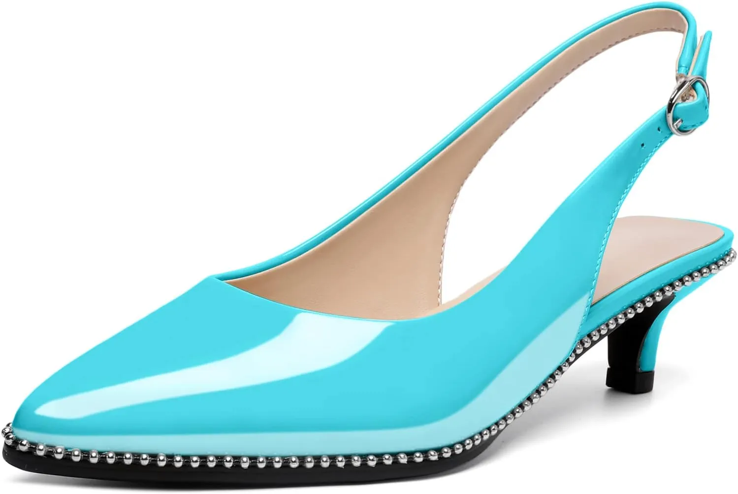 AUMOTED Women's Slingback Kitten Heels Pointed Toe Stiletto Low Heel Ankle-Strap with Beaded Pumps Dress Shoes 1.6 Inches