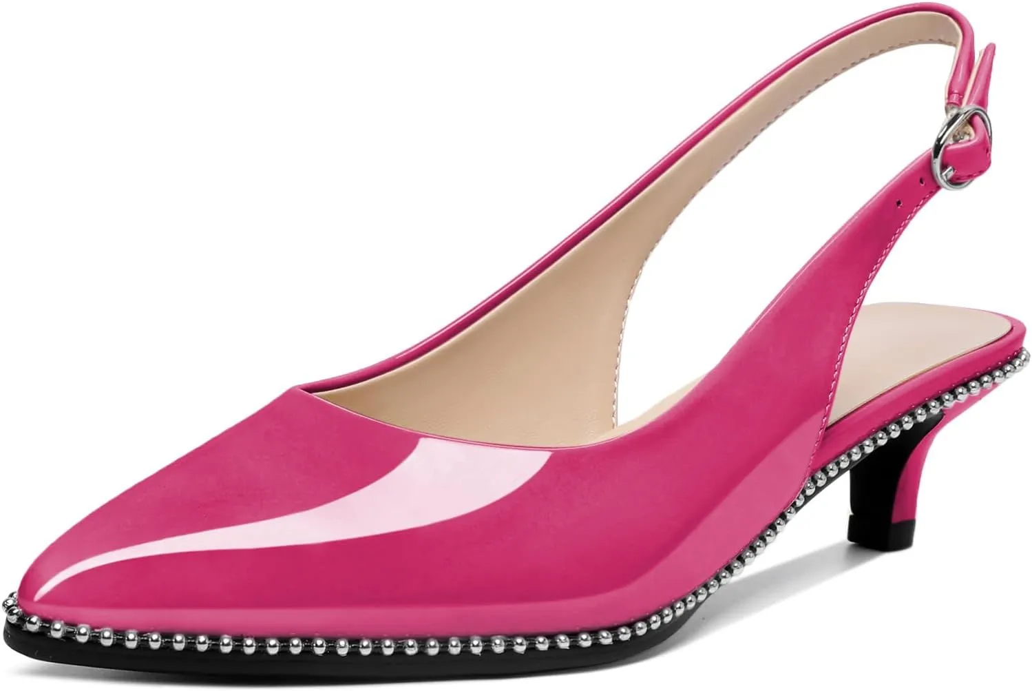 AUMOTED Women's Slingback Kitten Heels Pointed Toe Stiletto Low Heel Ankle-Strap with Beaded Pumps Dress Shoes 1.6 Inches