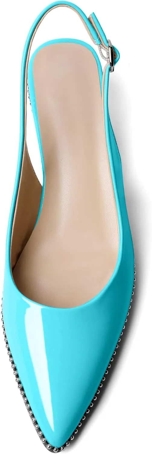 AUMOTED Women's Slingback Kitten Heels Pointed Toe Stiletto Low Heel Ankle-Strap with Beaded Pumps Dress Shoes 1.6 Inches