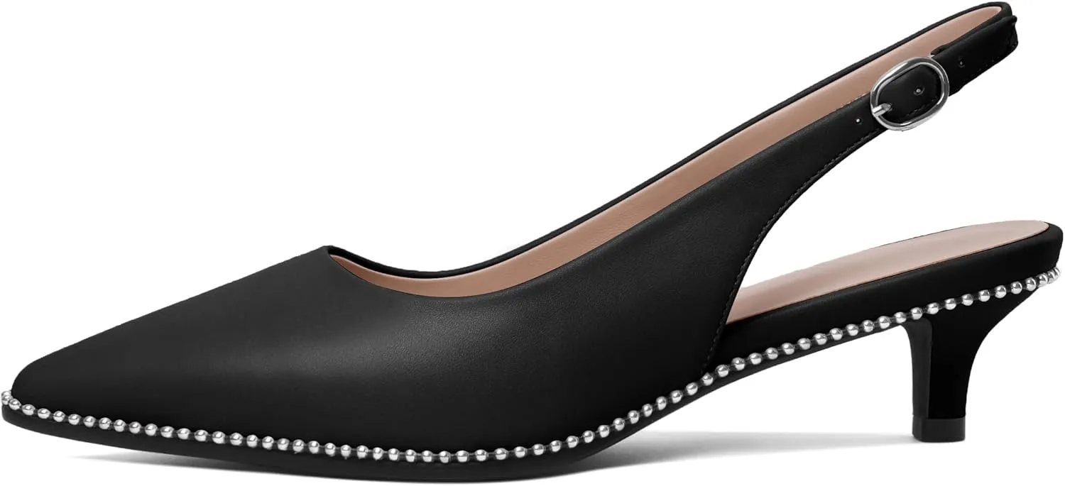 AUMOTED Women's Slingback Kitten Heels Pointed Toe Stiletto Low Heel Ankle-Strap with Beaded Pumps Dress Shoes 1.6 Inches