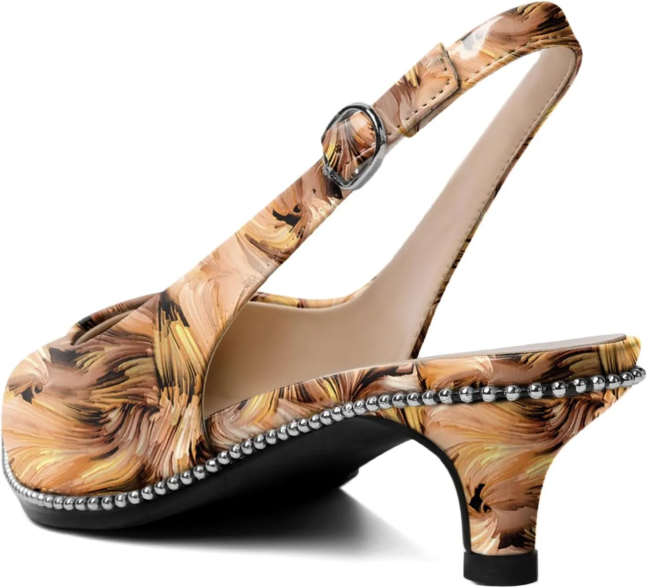 AUMOTED Women's Slingback Kitten Heels Pointed Toe Stiletto Low Heel Ankle-Strap with Beaded Pumps Dress Shoes 1.6 Inches