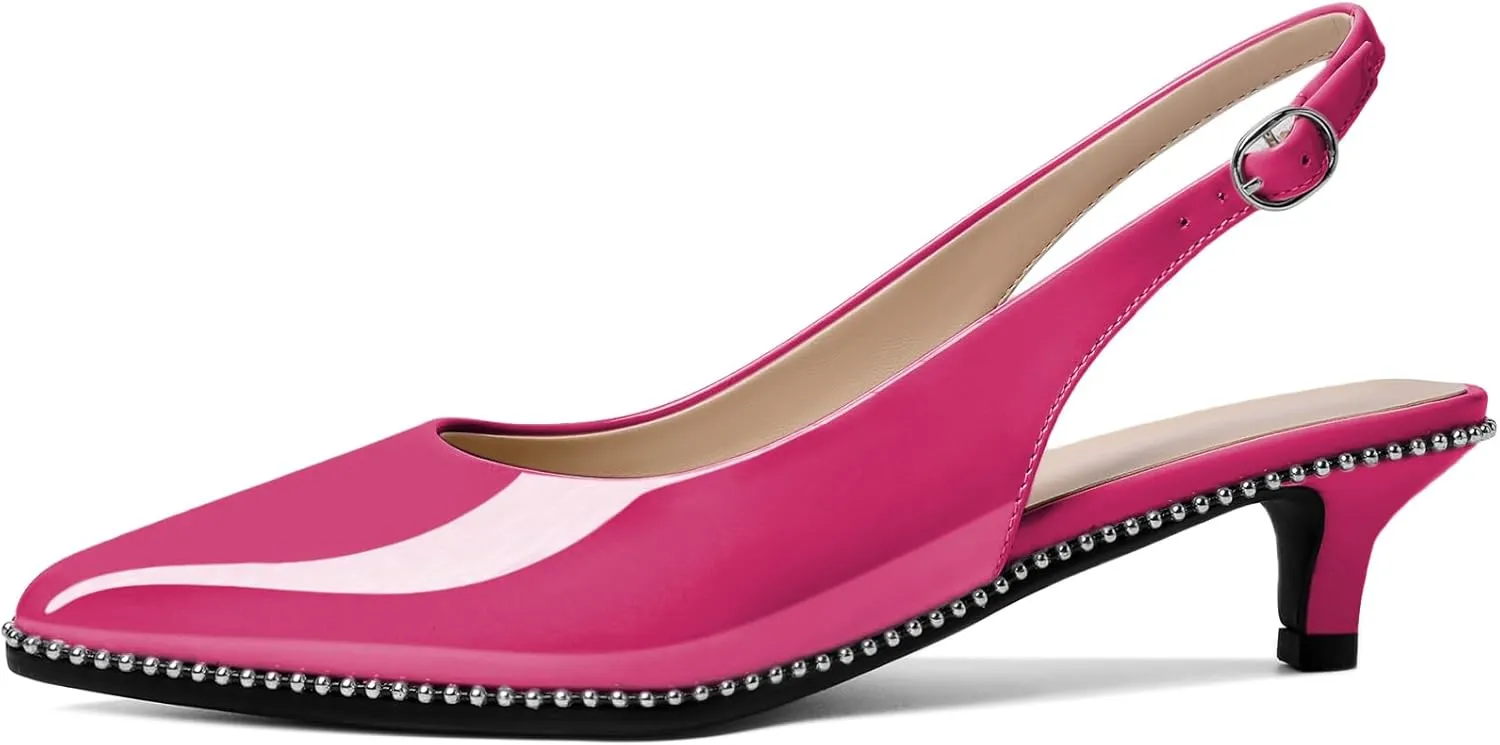 AUMOTED Women's Slingback Kitten Heels Pointed Toe Stiletto Low Heel Ankle-Strap with Beaded Pumps Dress Shoes 1.6 Inches