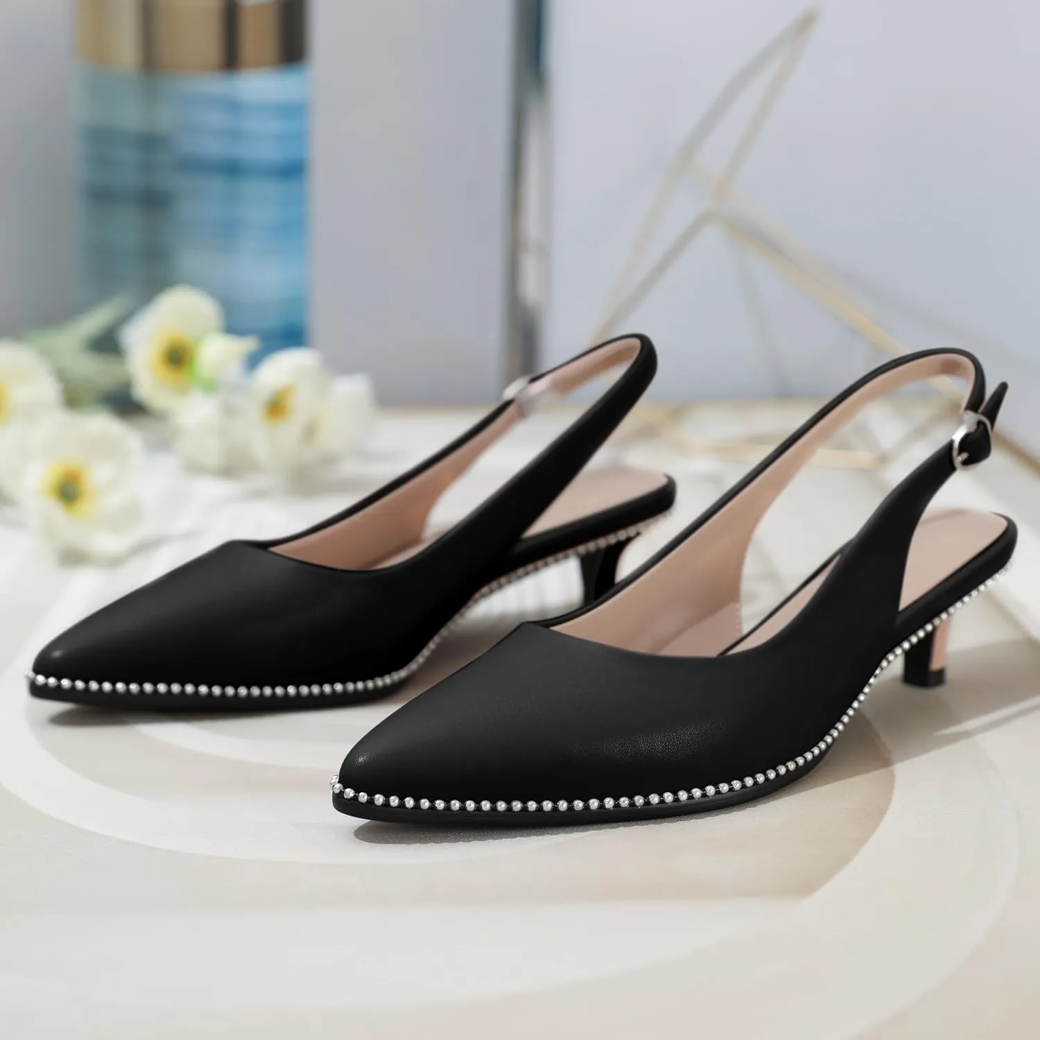 AUMOTED Women's Slingback Kitten Heels Pointed Toe Stiletto Low Heel Ankle-Strap with Beaded Pumps Dress Shoes 1.6 Inches