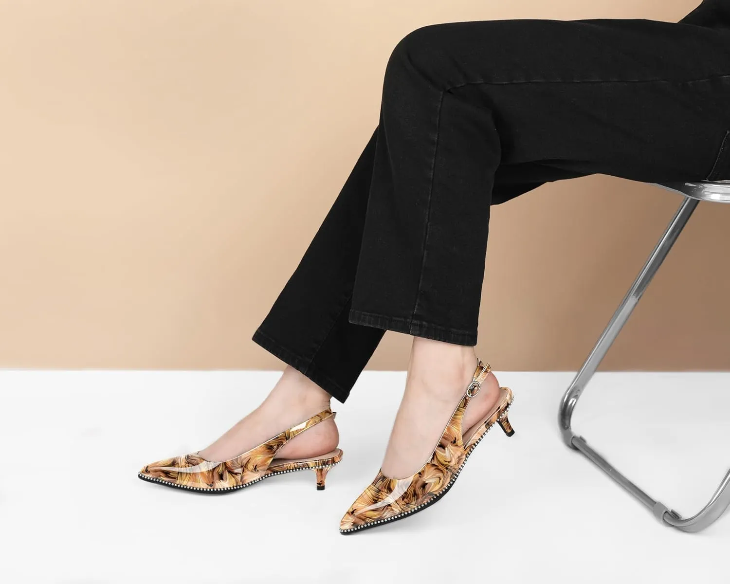 AUMOTED Women's Slingback Kitten Heels Pointed Toe Stiletto Low Heel Ankle-Strap with Beaded Pumps Dress Shoes 1.6 Inches