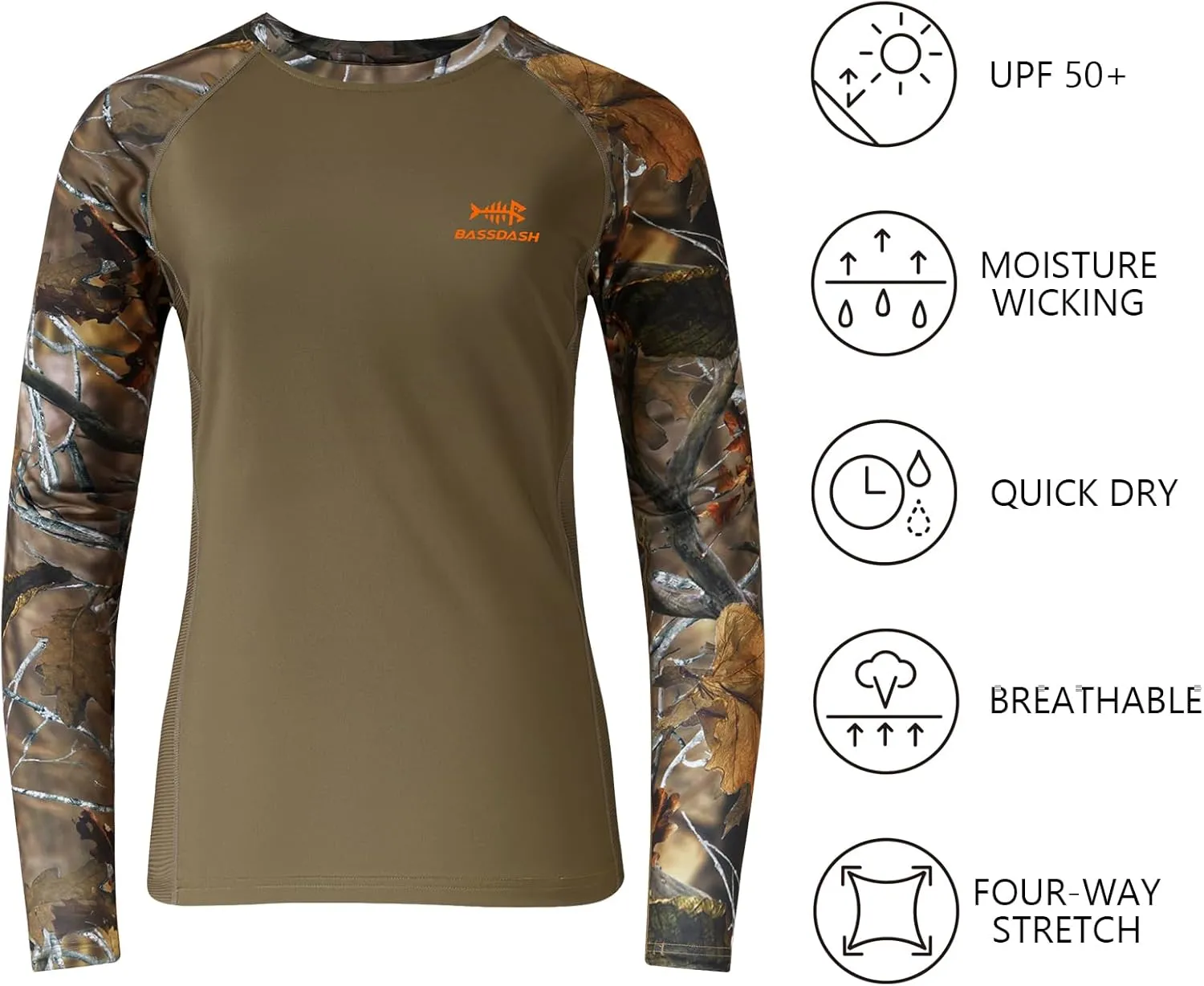 BASSDASH Women’s Camo Hunting Shirt Long Sleeve UPF 50  Sun Protection Performance Tee Fishing Hiking