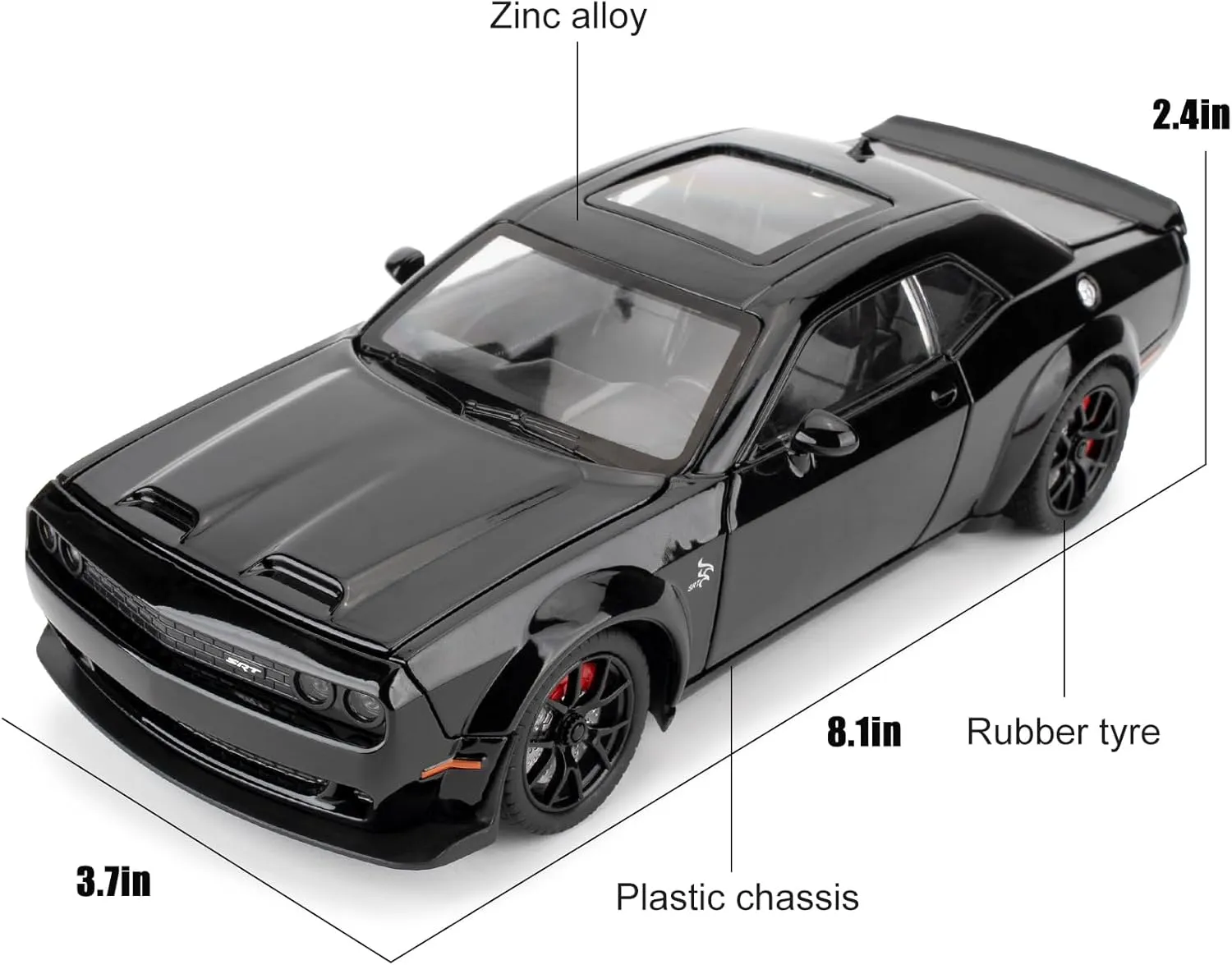 BDTCTK 1/24 Dodge Challenger Hellcat Model Car, Zinc Alloy Pull Back Toy car with Sound and Light for Kids Boy Girl Gift(Black)