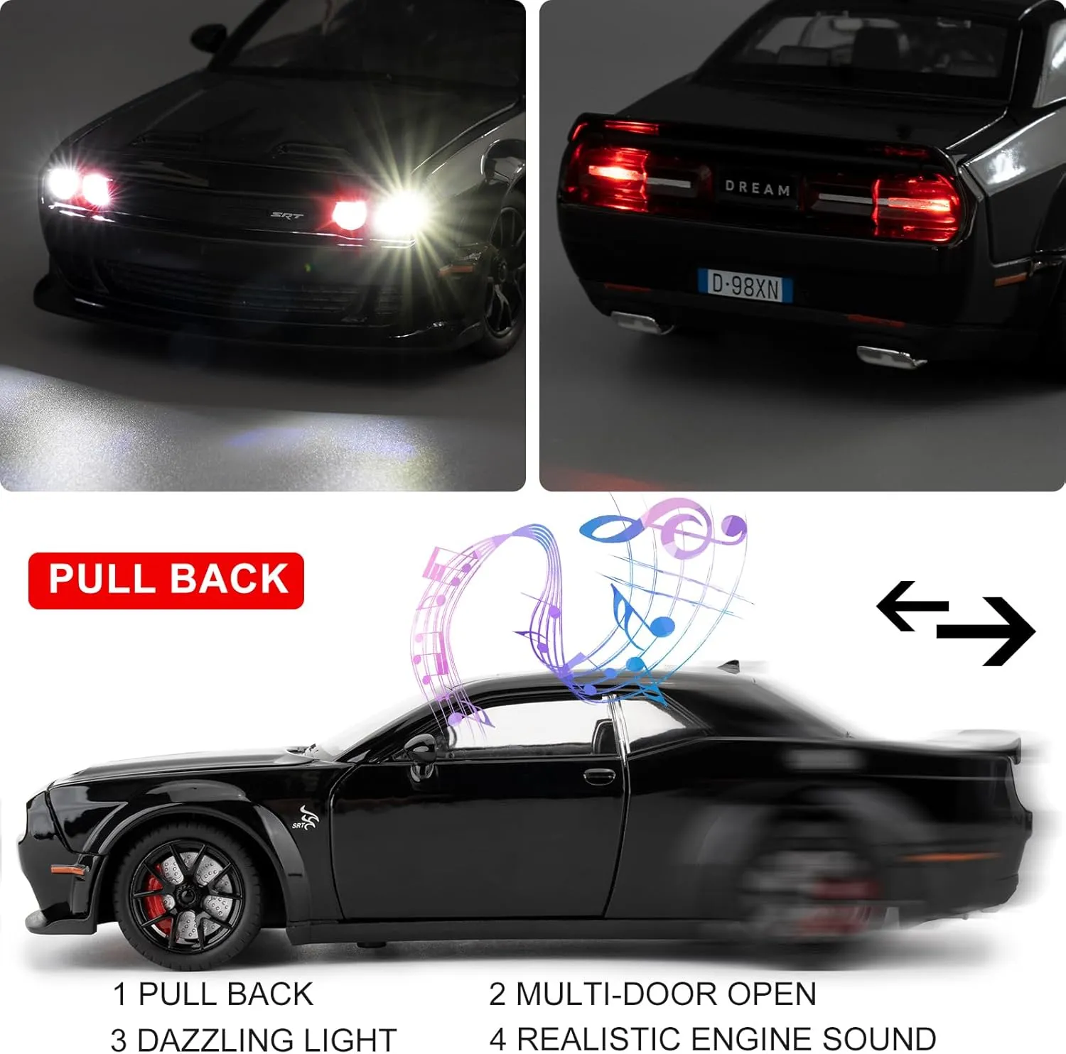 BDTCTK 1/24 Dodge Challenger Hellcat Model Car, Zinc Alloy Pull Back Toy car with Sound and Light for Kids Boy Girl Gift(Black)