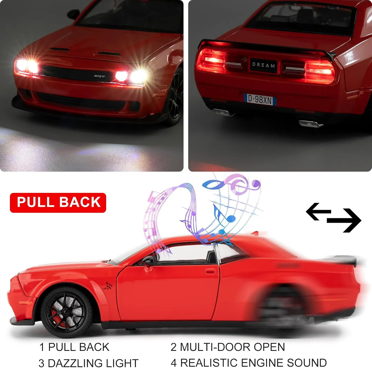BDTCTK 1/24 Dodge Challenger Hellcat Model Car, Zinc Alloy Pull Back Toy car with Sound and Light for Kids Boy Girl Gift(Red)