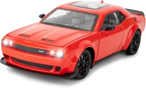 BDTCTK 1/24 Dodge Challenger Hellcat Model Car, Zinc Alloy Pull Back Toy car with Sound and Light for Kids Boy Girl Gift(Red)