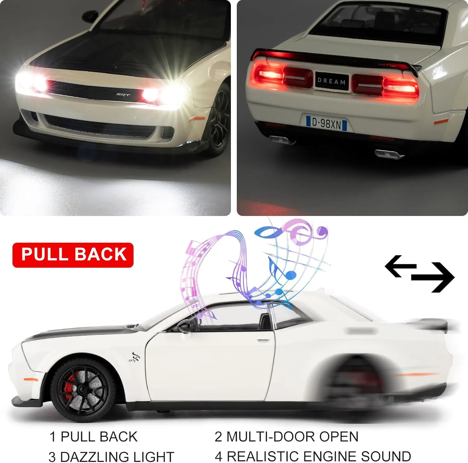 BDTCTK 1/24 Dodge Challenger Hellcat Model Car, Zinc Alloy Pull Back Toy car with Sound and Light for Kids Boy Girl Gift(White)