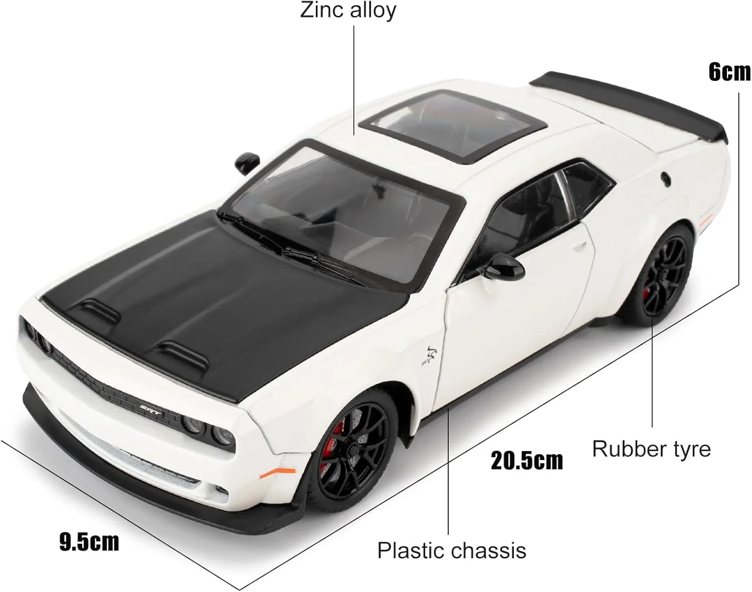 BDTCTK 1/24 Dodge Challenger Hellcat Model Car, Zinc Alloy Pull Back Toy car with Sound and Light for Kids Boy Girl Gift(White)