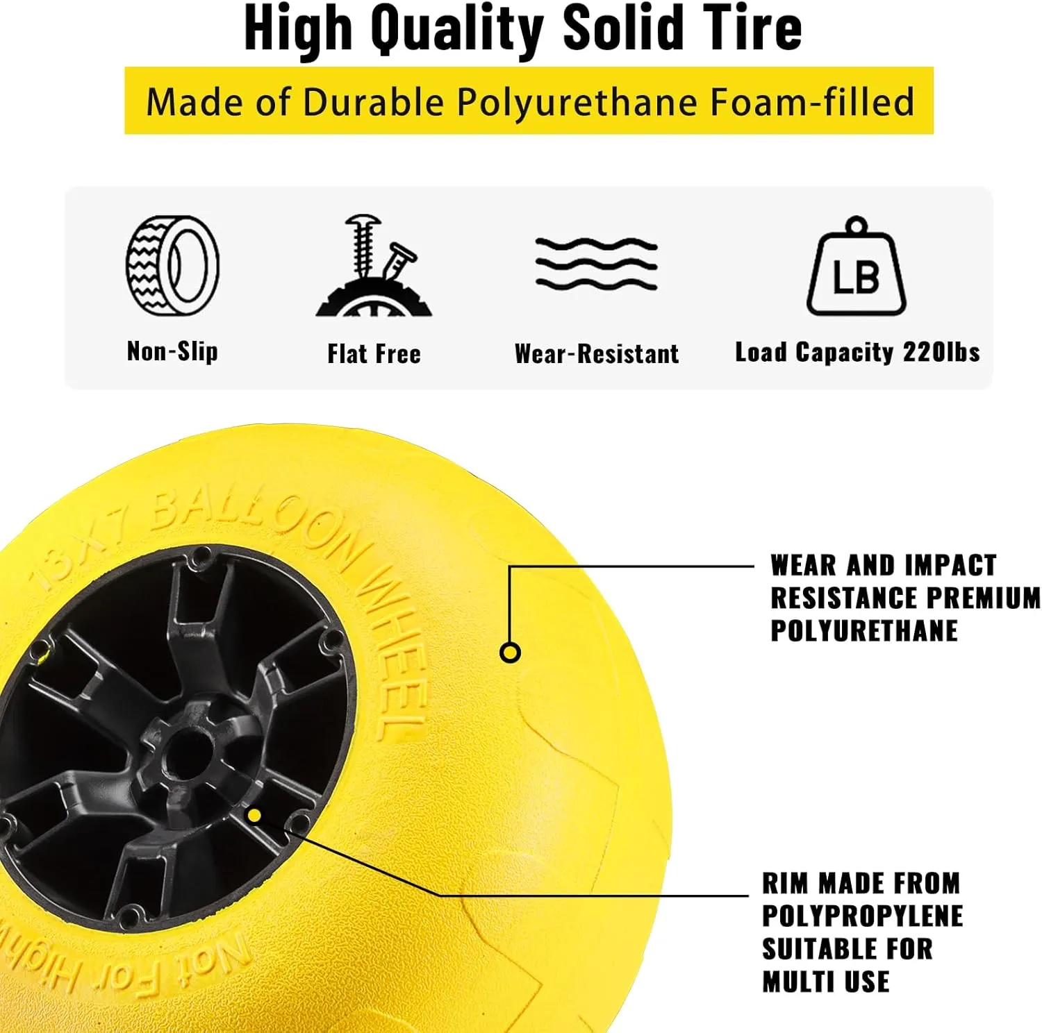 Beach Balloon Wheels, 13" Flat-Free Solid PU Beach Cart Tires Replacement Big Sand Wheels for Beach Buggy, Kayak Trolley, Canoe Cart, Rolling Walker, Garden Cart, Wheelchair & Buggy, 2-Pack