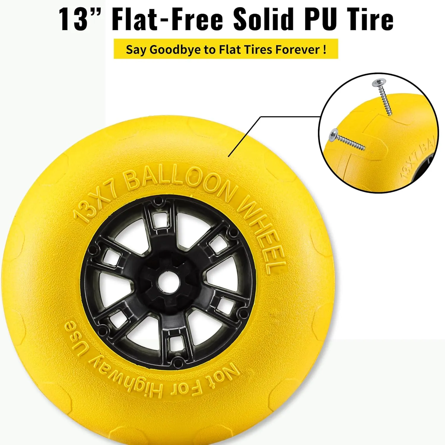 Beach Balloon Wheels, 13" Flat-Free Solid PU Beach Cart Tires Replacement Big Sand Wheels for Beach Buggy, Kayak Trolley, Canoe Cart, Rolling Walker, Garden Cart, Wheelchair & Buggy, 2-Pack