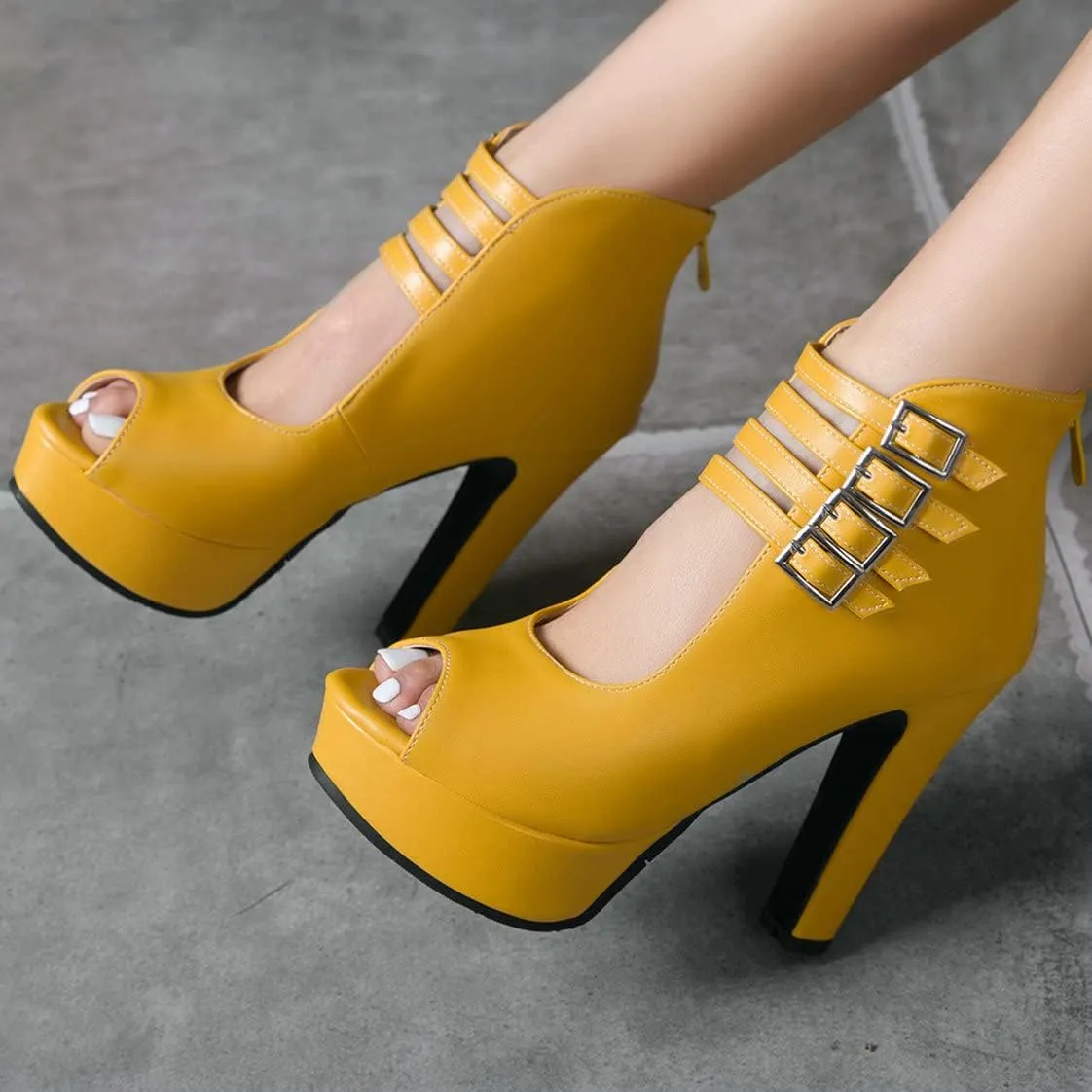 BEAUPAS Women's Peep Toe Platform Chunky Heel Ankle Booties High Heel Ankle Strap Buckle Ankle Boots Block Heel Gladiator Sandals