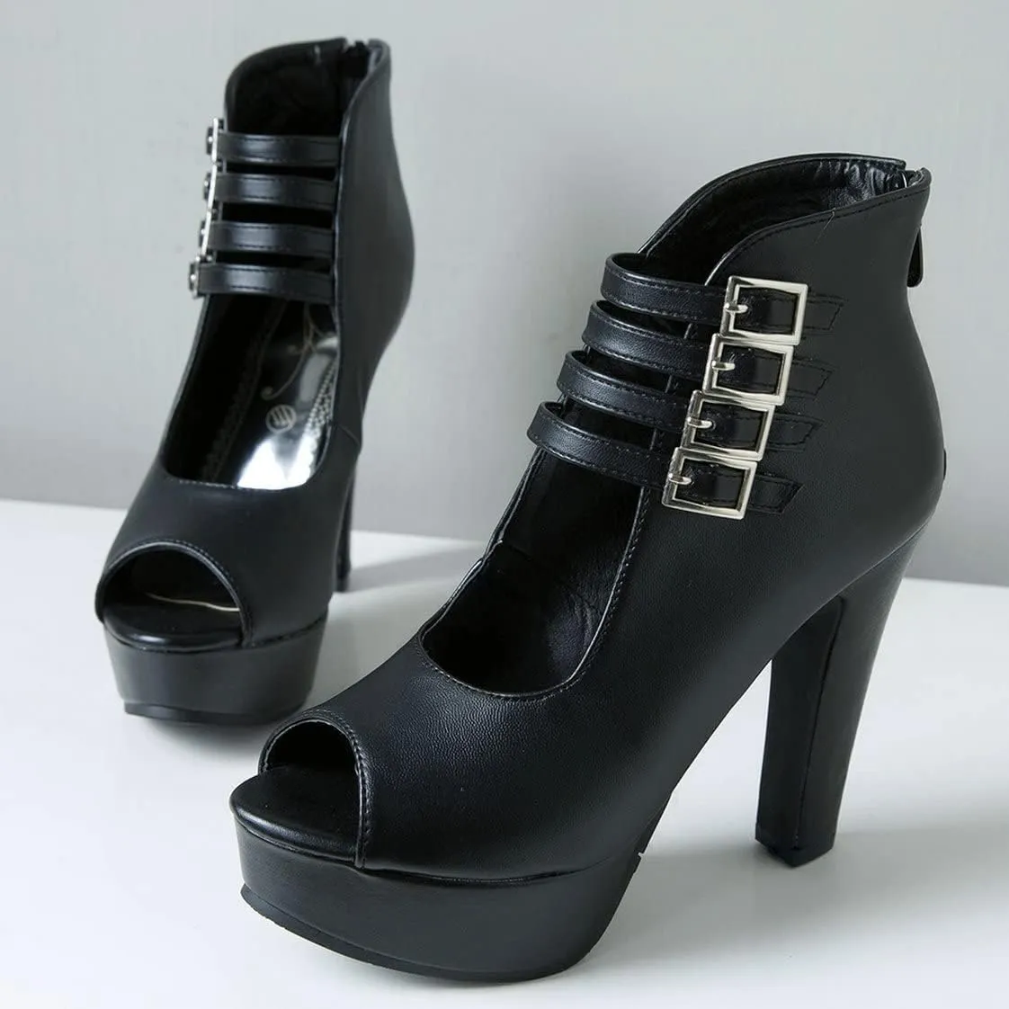 BEAUPAS Women's Peep Toe Platform Chunky Heel Ankle Booties High Heel Ankle Strap Buckle Ankle Boots Block Heel Gladiator Sandals