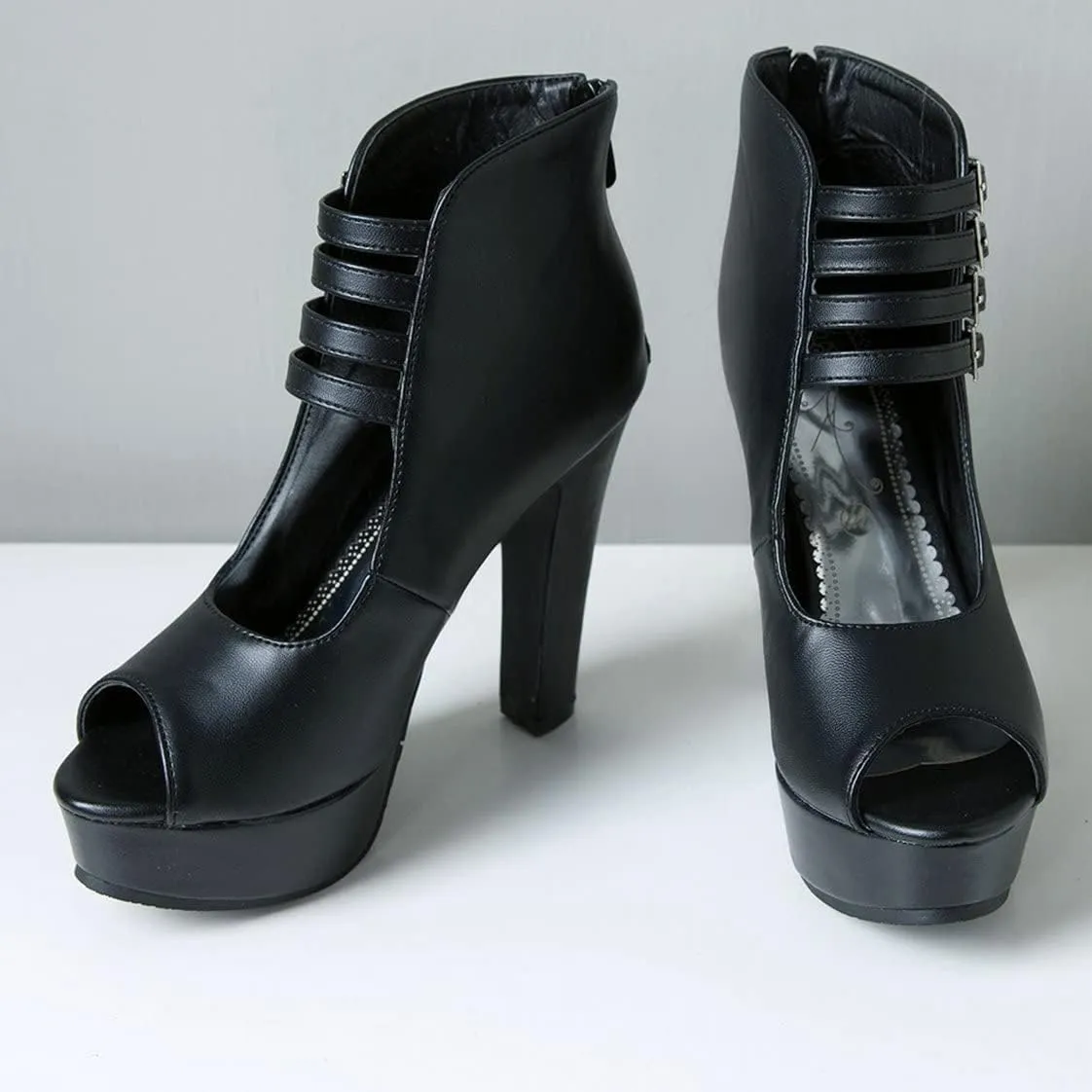 BEAUPAS Women's Peep Toe Platform Chunky Heel Ankle Booties High Heel Ankle Strap Buckle Ankle Boots Block Heel Gladiator Sandals