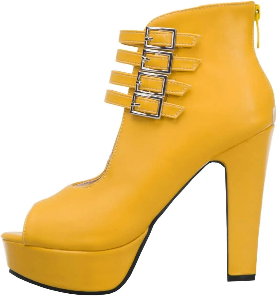 BEAUPAS Women's Peep Toe Platform Chunky Heel Ankle Booties High Heel Ankle Strap Buckle Ankle Boots Block Heel Gladiator Sandals