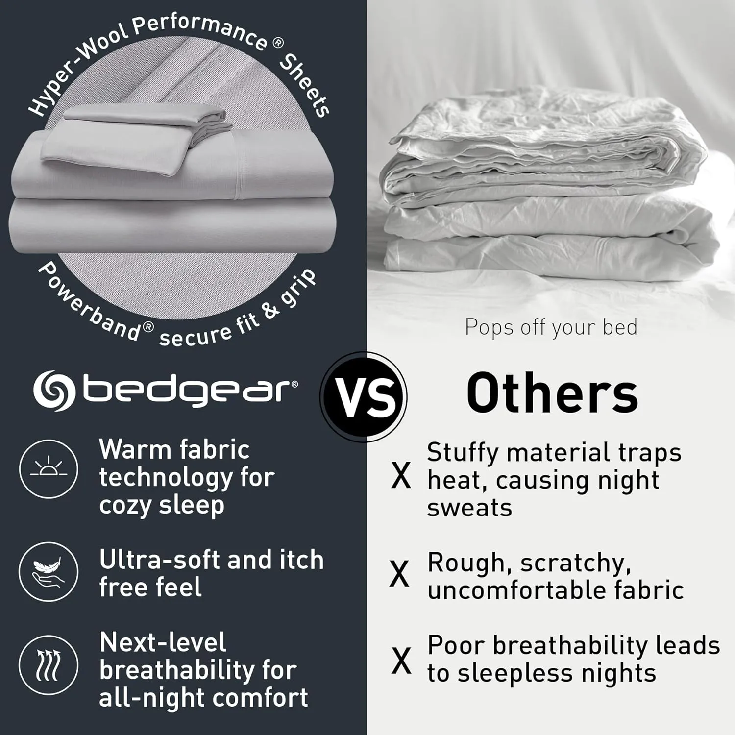 Bedgear Hyper-Wool Bed Sheet Set - Warm Without Overheating for a Dry Sleep Environment- Soft-Touch Fabric - Includes Fitted Sheet, Flat Sheet, and 2 Pillowcases - Split King/Split Cal King - Light Gray