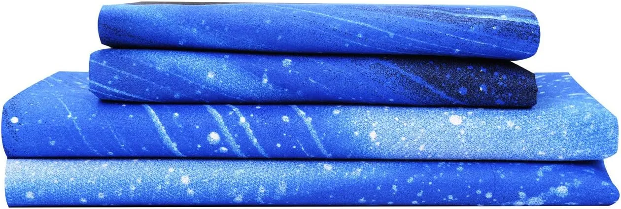 Bedlifes Galaxy Outer Space Sheet Set, Galaxy Themed, 3 pcs Including Flat Sheet, Fitted Sheet, and 1 Pillowcase (Light Blue Queen)
