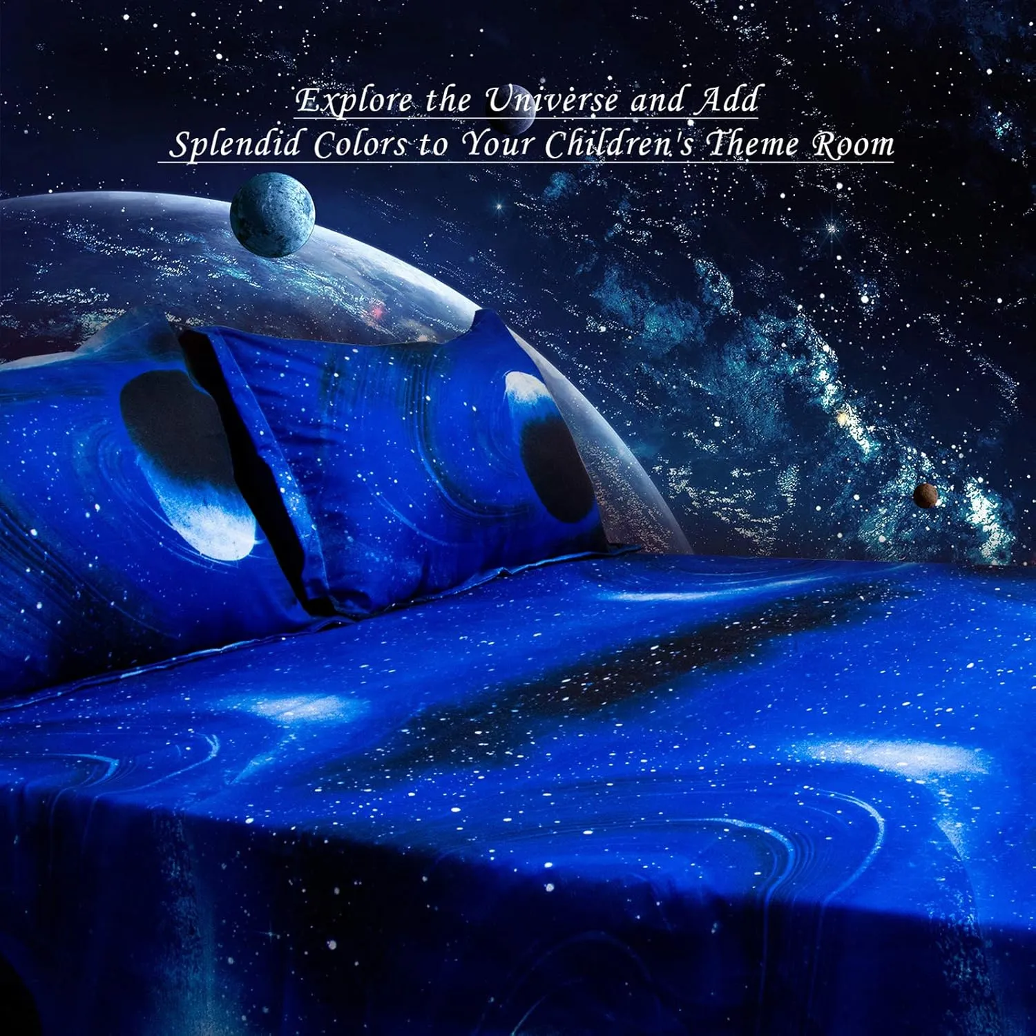 Bedlifes Galaxy Outer Space Sheet Set, Galaxy Themed, 3 pcs Including Flat Sheet, Fitted Sheet, and 1 Pillowcase (Light Blue Queen)