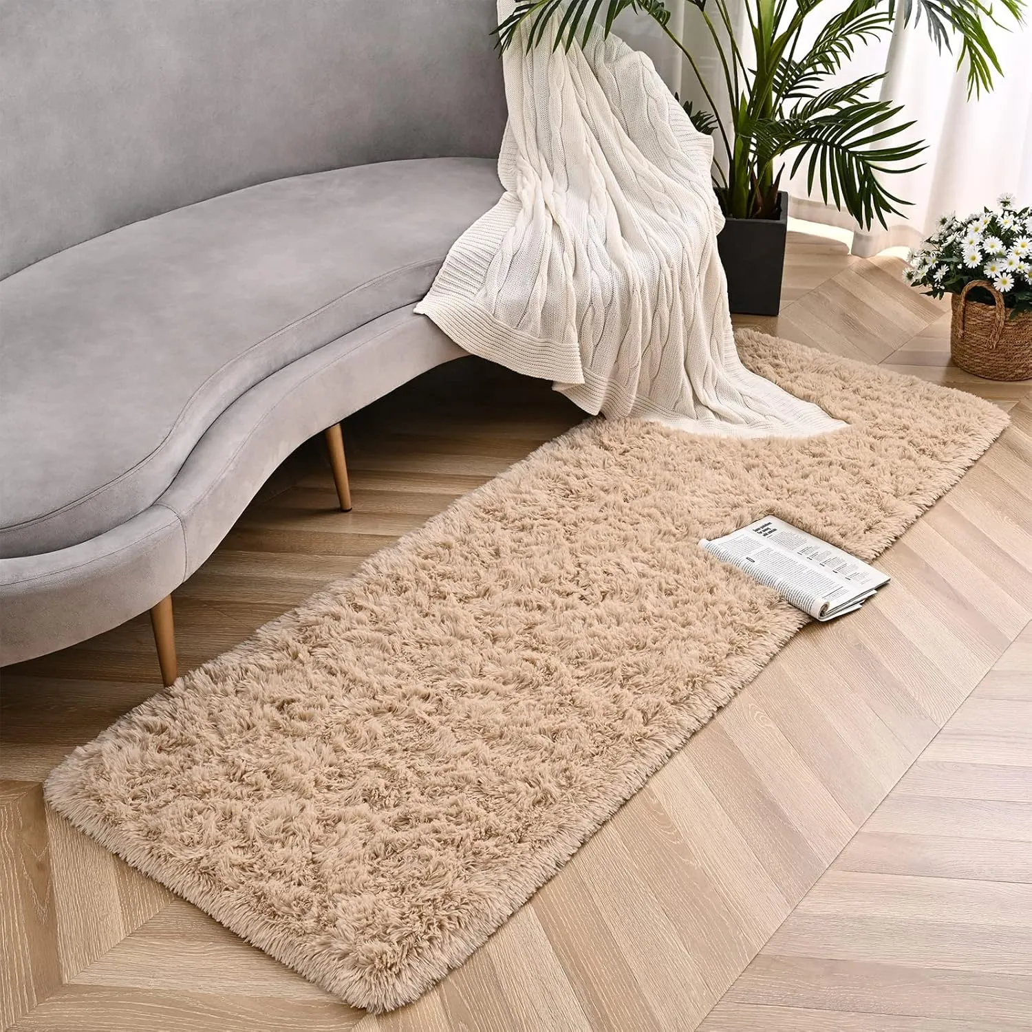 Beige Runner Area Rugs for Bedroom Living Room, 2x6 Feet Fluffy Bedside Rugs, Soft Shaggy Carpet Rug for Kids Room Nursery, Furry Rugs for Girls Boys Dorm Room Home Decor